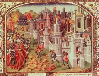 El saqueo de Jerusalén tras la captura por los cristianos en 1099, miniatura iluminada de una crónica universal, 1440